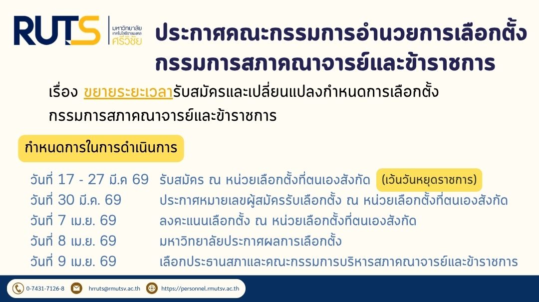 ประกาศคณะกรรมการอำนวยการเลือกตั้งกรรมการสภาคณาจารย์และข้าราชการ เรื่อง ขยายระยะเวลารับสมัครและเปลี่ยนแปลงกำหนดการเลือกตั้งกรรมการสภาคณาจารย์และข้าราชการ